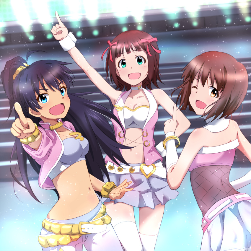 3girls, amami_haruka, black_hair, blue_eyes, breasts, brown_eyes, brown_hair, cleavage