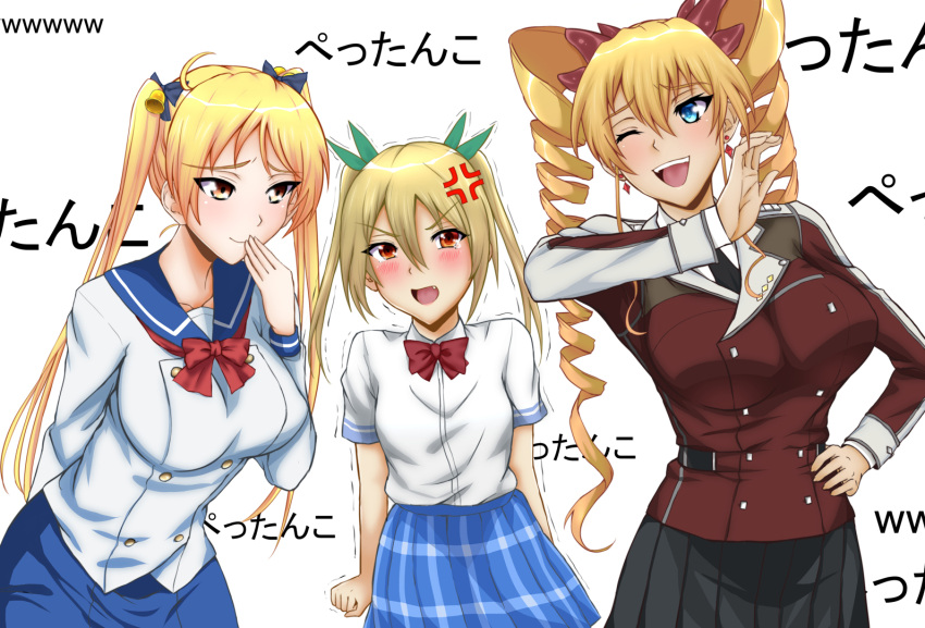 3girls, anger_vein, arm_behind_back, bakuon!!, bell, blonde_hair, blue_eyes, blush