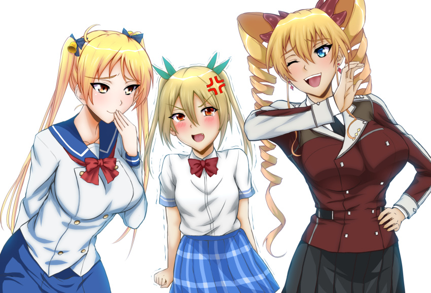 3girls, absurdres, anger_vein, arm_behind_back, bakuon!!, bell, blonde_hair, blue_eyes