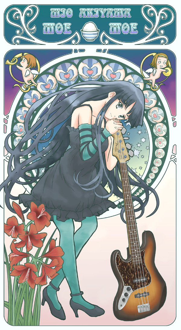 akiyama_mio, angel, art_nouveau, bass_guitar, black_eyes, black_hair, blue_legwear, bowl