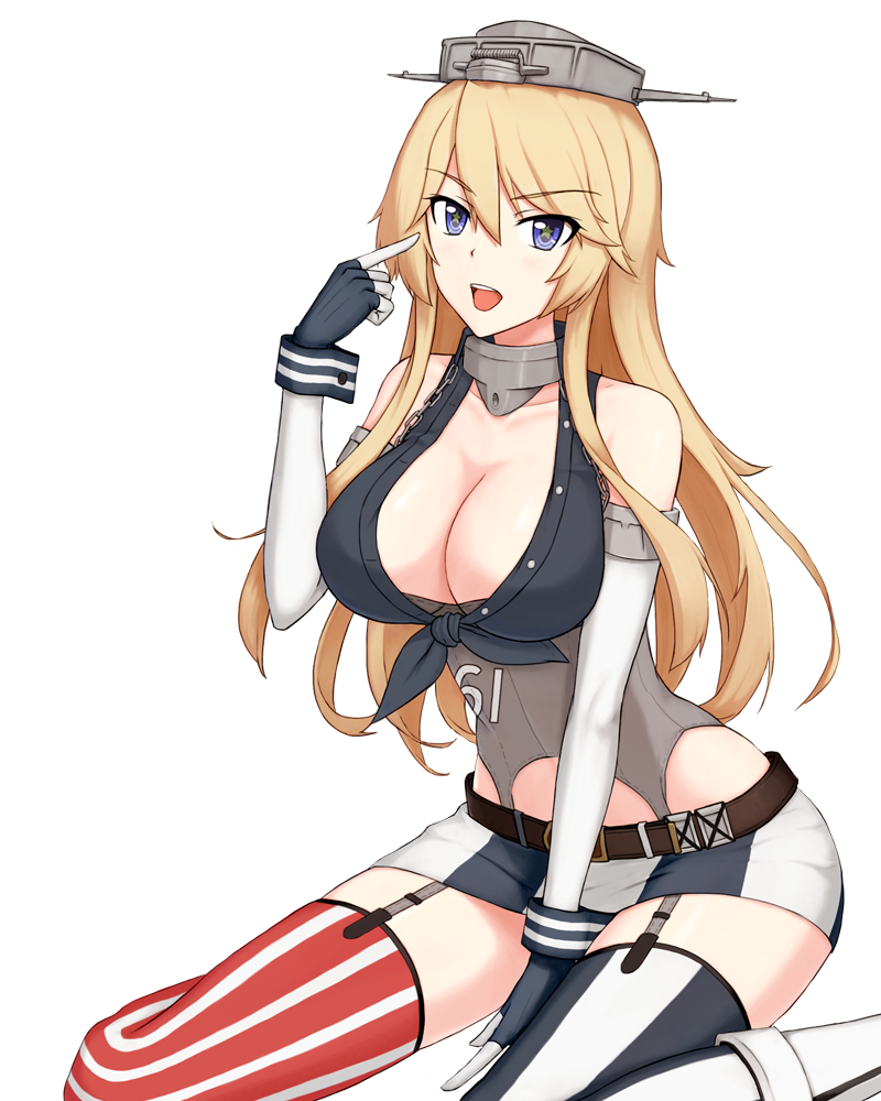 1girl, belt, blonde_hair, blue_eyes, breasts, cleavage, elbow_gloves, fingerless_gloves