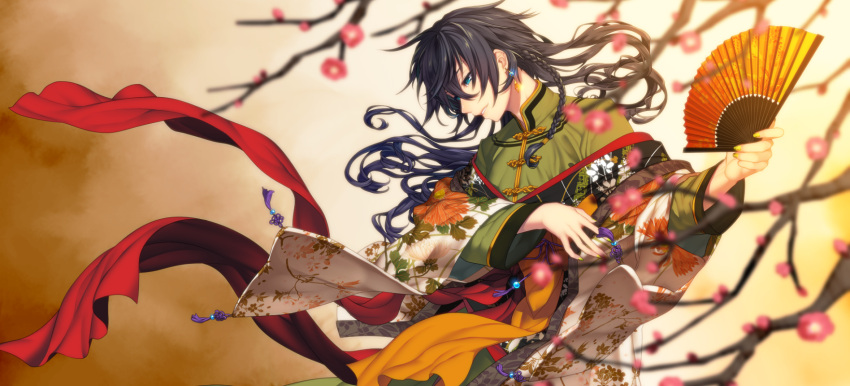bangs, blue_eyes, blue_hair, braid, branch, changpao, chinese_clothes, chinese_knot, detached_sleeves, earrings, fan, floral_print, folding_fan, glowing_earrings, gradient, gradient_background, green_nails, hair_between_eyes, haori, highres, holding_fan, japanese_clothes, jewelry, keine_ron, long_hair, long_sleeves, marble, matsuda_toki, nail_polish, off_shoulder, parted_lips, pink_flower, solo, tassel, upper_body, utau, wide_sleeves