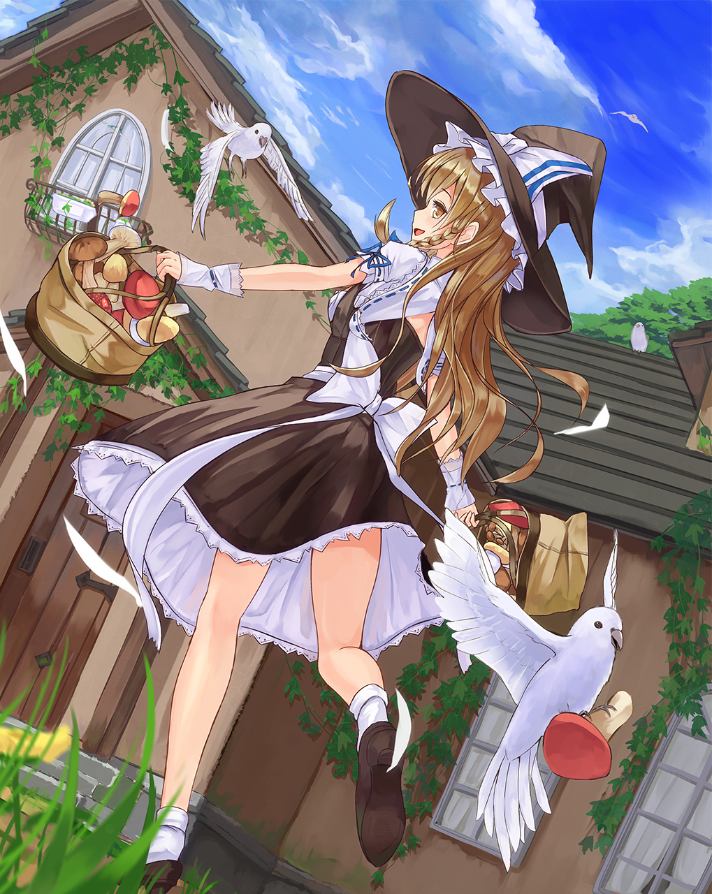 1girl, :d, animal, arch, back, bag, bangs, basket, bird, black_hat, black_shoes, black_skirt, black_vest, blonde_hair, blue_ribbon, blue_sky, bow, braid, brown_eyes, building, clouds, door, dove, dutch_angle, feathers, frills, from_behind, from_below, grass, hat, hat_ribbon, highres, house, kirisame_marisa, lace-trimmed_skirt, leaf, light_brown_hair, long_hair, muireko, mushroom, open_mouth, outdoors, plant, profile, puffy_short_sleeves, puffy_sleeves, revision, ribbon, ribbon-trimmed_sleeves, ribbon_trim, sash, shirt, shoes, short_sleeves, single_braid, skirt, skirt_set, sky, smile, socks, solo, stairs, touhou, tree, upskirt, vest, vines, walking, white_bow, white_legwear, white_shirt, window, witch_hat, wrist_cuffs