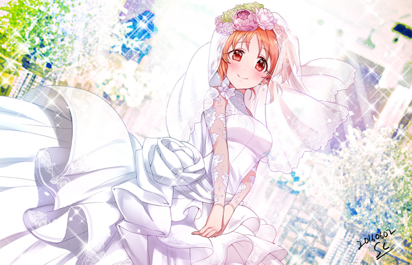 1girl, abe_nana, bare_shoulders, blush, bridal_veil, bride, brown_hair, commentary_request