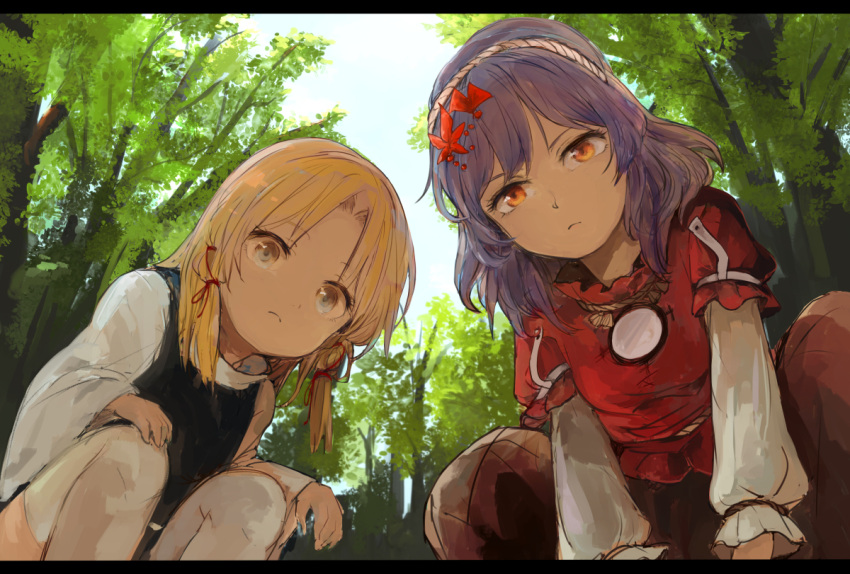 2girls, blonde_hair, commentary_request, expressionless, hair_ribbon, leaf, leaf_on_head, long_sleeves