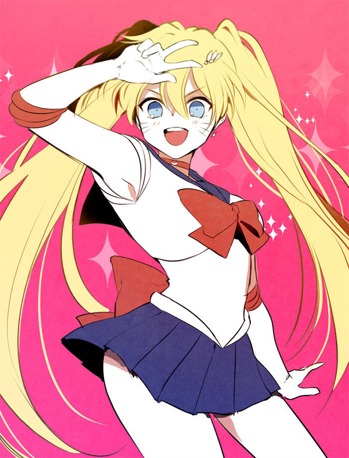 1girl, :d, armpits, bishoujo_senshi_sailor_moon, blonde_hair, blue_eyes, blue_skirt, bow, choker, cowboy_shot, elbow_gloves, female, genderswap, genderswap_(mtf), gloves, hair_between_eyes, long_hair, looking_at_viewer, miniskirt, naruko, naruto, nipye, open_mouth, pink_background, pleated_skirt, red_bow, sailor_moon, sailor_moon_(cosplay), simple_background, skirt, smile, solo, sparkle, teeth, twintails, uzumaki_naruto, v, very_long_hair, white_gloves