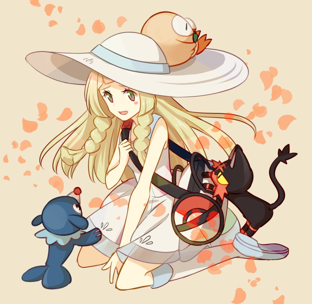 1girl, bag, bird, blonde_hair, braid, cat, dress, duffel_bag