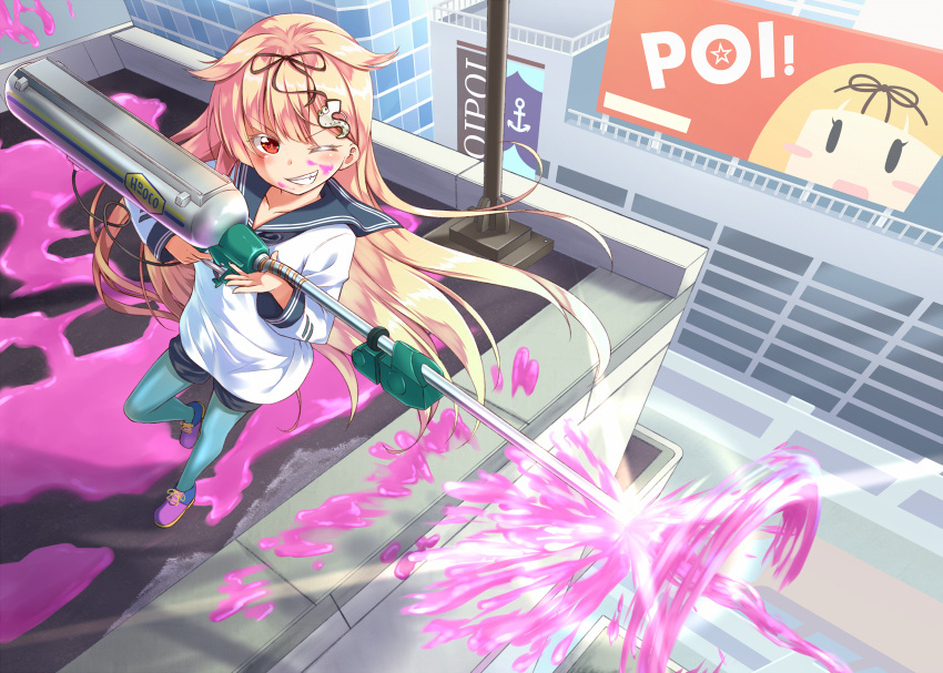 1girl, aqua_legwear, blonde_hair, blue_shorts, blush, building, e-liter_3k_(splatoon), grin