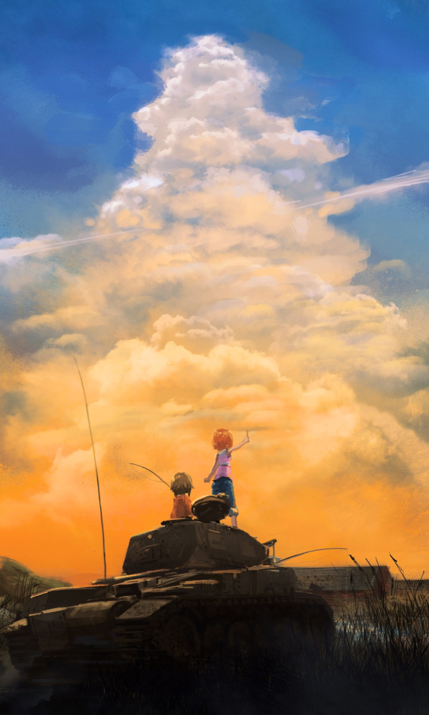 2girls, arm_up, brown_hair, clouds, condensation_trail, denim, faux_traditional_media, from_behind