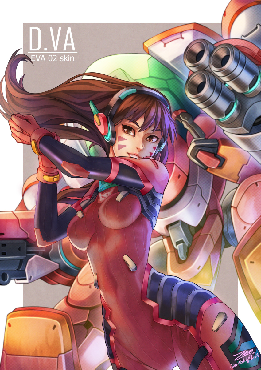 1girl, absurdres, bangs, bodysuit, breasts, brown_eyes, brown_hair, d.va_(overwatch)
