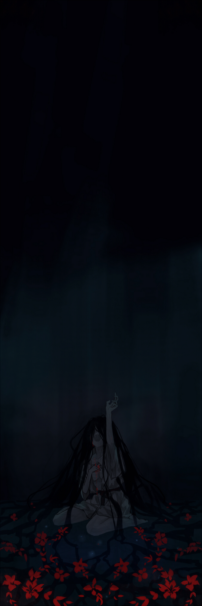 1girl, alt_(apou), barefoot, black_hair, breasts, cleavage, crying, dark