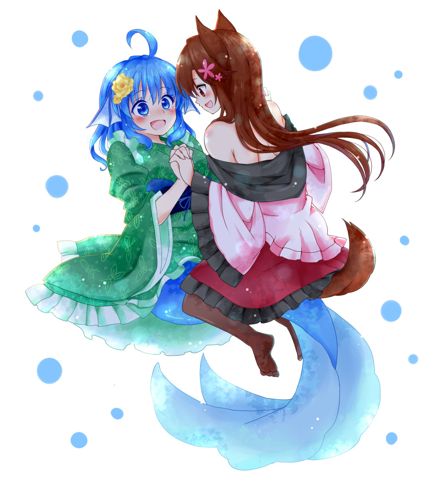 2girls, absurdres, ahoge, animal_ears, blue_eyes, blue_hair, brown_hair, eye_contact