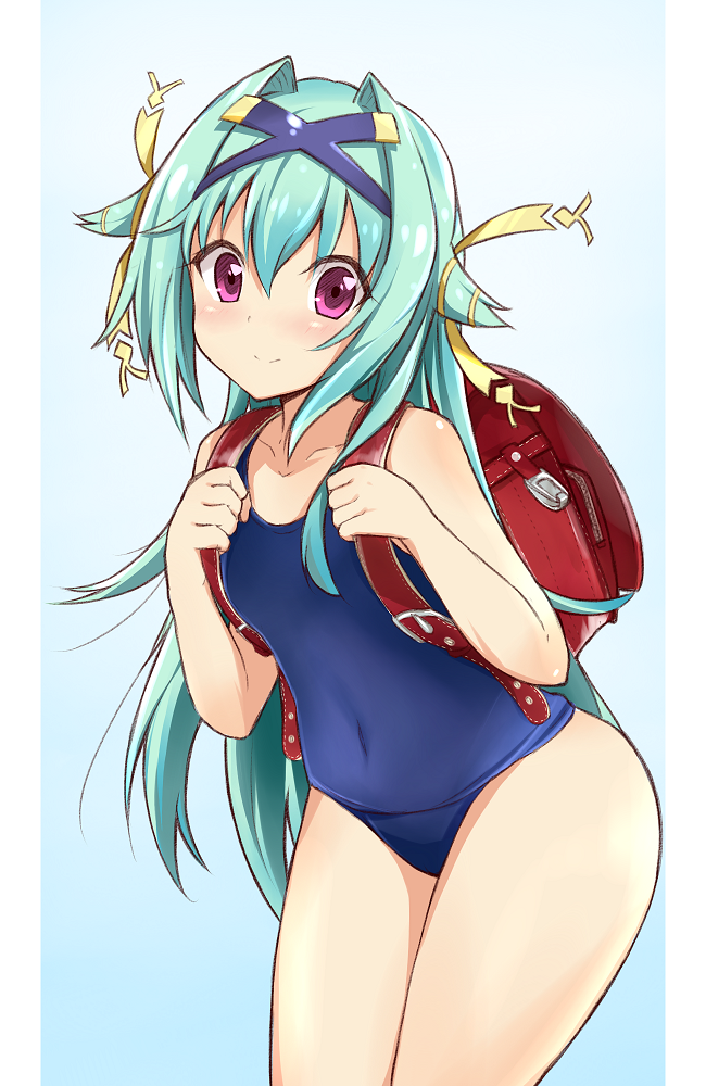 1girl, aqua_hair, backpack, bag, bare_shoulders, blush, collarbone, covered_navel