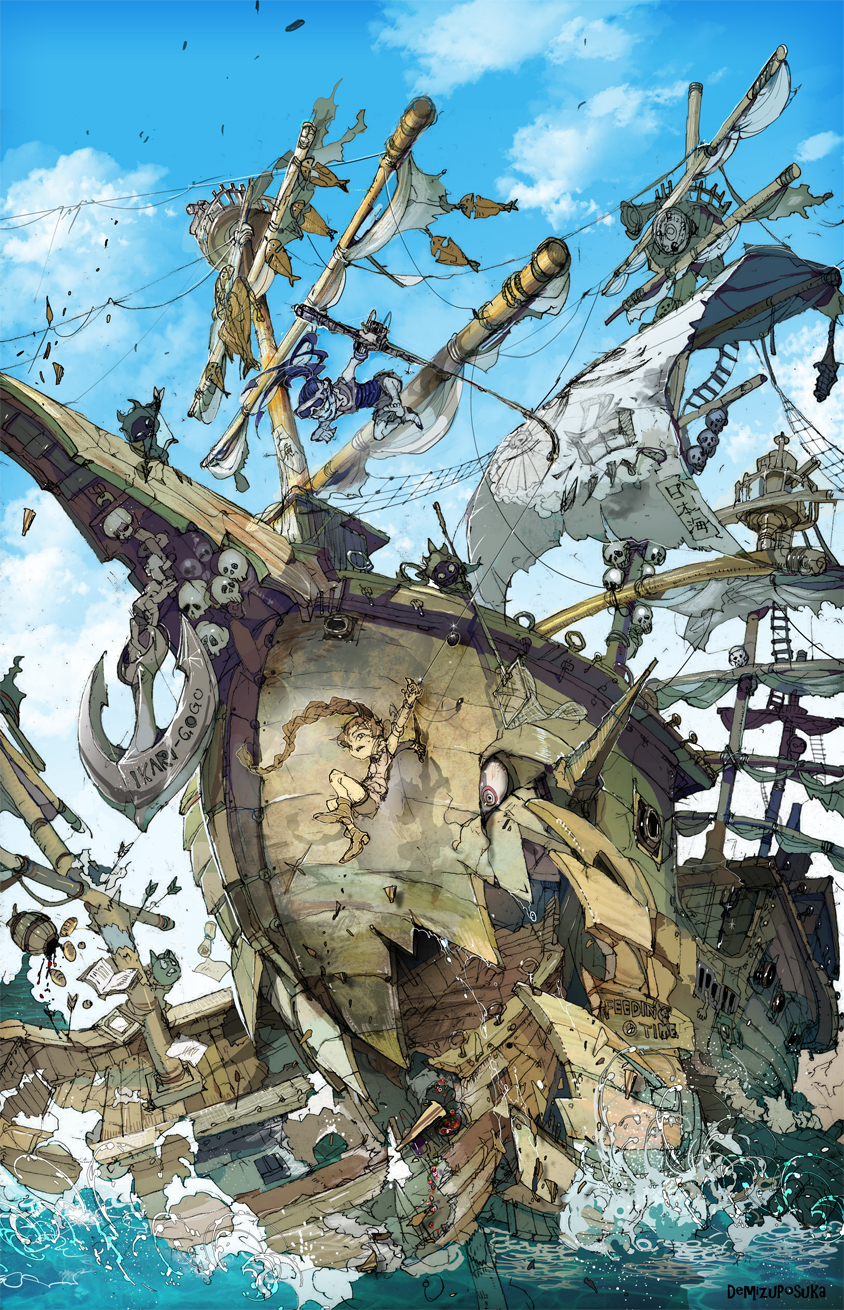 1girl, arrow, artist_name, bow_(weapon), demizu_posuka, fishing_line, fishing_rod, highres