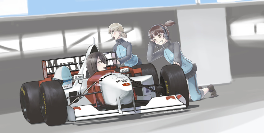 3girls, aki_(girls_und_panzer), bangs, blonde_hair, brown_eyes, brown_hair, car, formula_one, girls_und_panzer, goodyear, ground_vehicle, hat, headphones, headwear_removed, helmet, highres, jacket, kneeling, long_hair, long_sleeves, marlboro, mclaren-mercedes, mercedes-benz, mika_(girls_und_panzer), mikko_(girls_und_panzer), motor_vehicle, multiple_girls, open_mouth, racecar, school_uniform, short_hair, short_twintails, silenxe, skirt, smile, track_jacket, twintails, vehicle