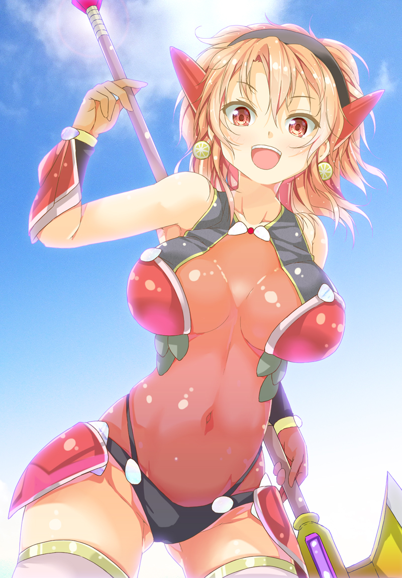 1girl, :d, armor, ass_visible_through_thighs, bangs, bikini_armor, black_panties, blue_sky, blush, breasts, brown_hair, cafe-chan_to_break_time, clouds, collarbone, cowboy_shot, dutch_angle, earrings, eyebrows, eyebrows_visible_through_hair, faulds, food, food_themed_earrings, fruit, hair_between_eyes, hairband, hand_up, headgear, holding, holding_weapon, jewelry, lemon, lemon_slice, leotard, light_particles, looking_at_viewer, open_mouth, panties, polearm, porurin_(do-desho), red_eyes, sky, sleeveless, smile, solo, tea_(cafe-chan_to_break_time), thigh-highs, underwear, weapon, white_legwear