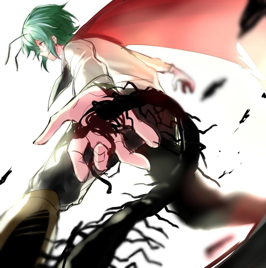 1girl, androgynous, antennae, bifrst, blurry, cape, centipede, depth_of_field
