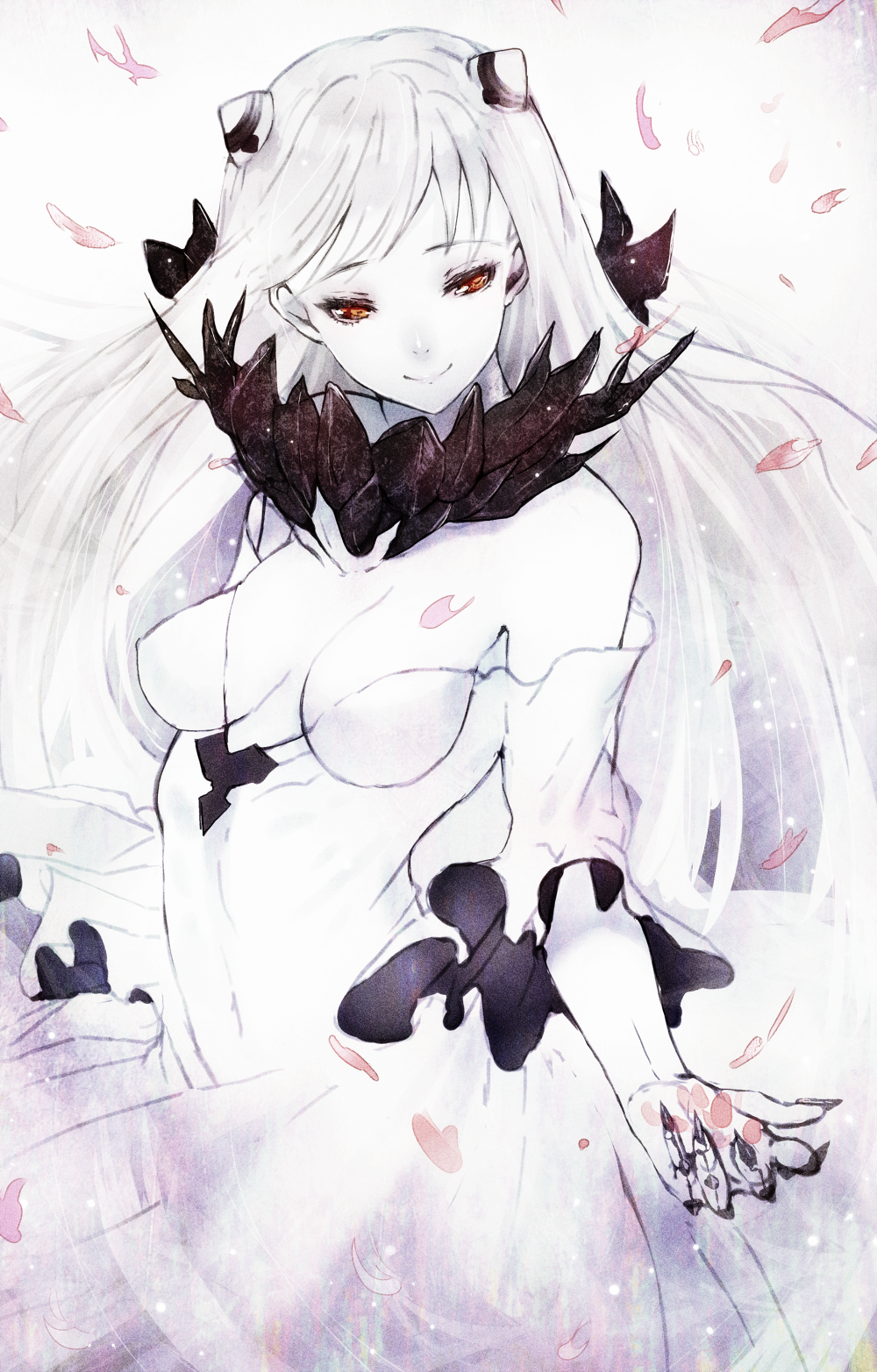 1girl, breasts, cherry_blossoms, cleavage, dress, highres, horns, kantai_collection, long_hair, magai_akashi, midway_hime, petals, red_eyes, shinkaisei-kan, smile, solo, very_long_hair, white_dress, white_hair, white_skin