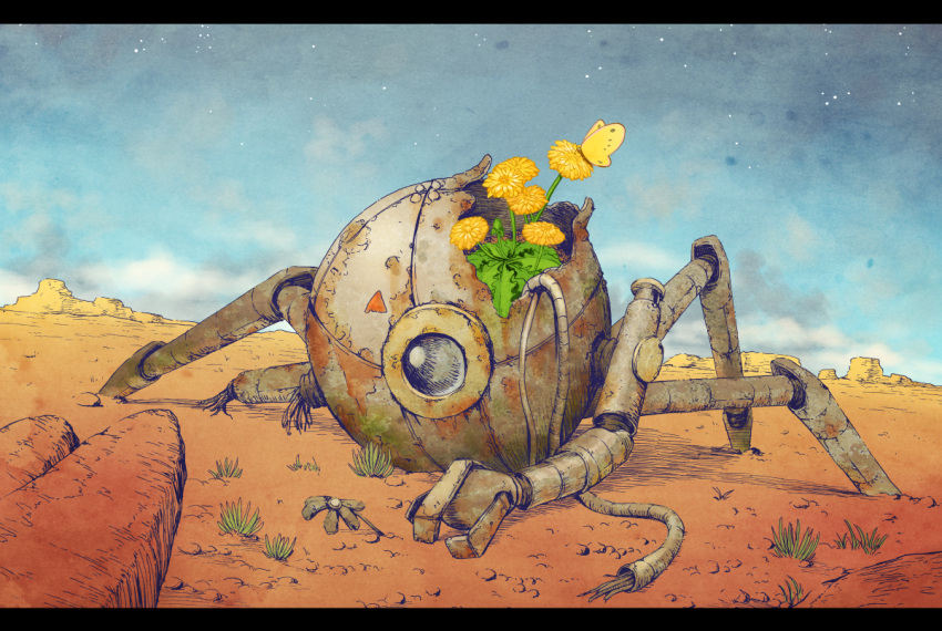 butterfly, clouds, damaged, duke_(kimurasun), flower, full_body, grass, letterboxed
