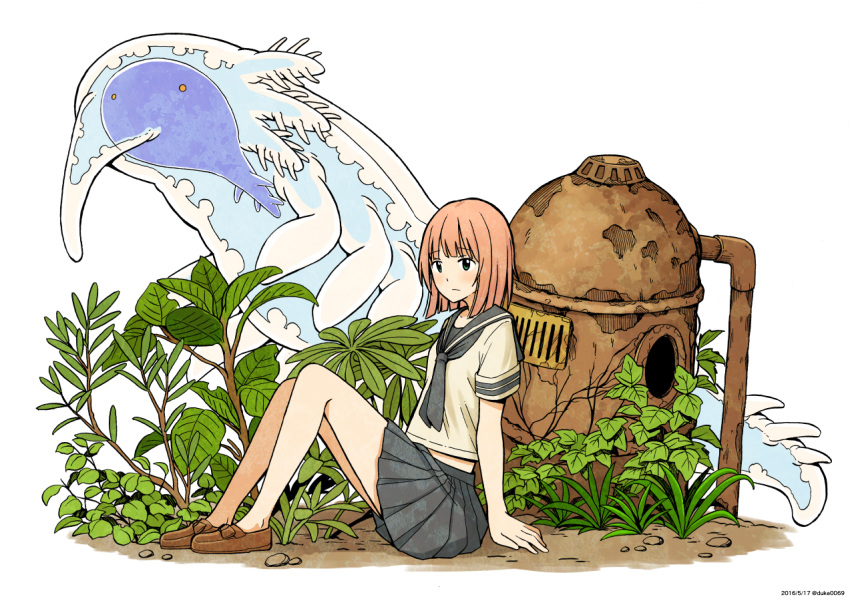 1girl, 2016, :/, arm_support, blue_eyes, brown_hair, creature, dated