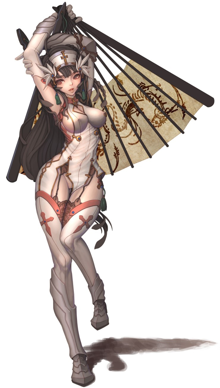 1girl, armor, armored_boots, arms_behind_head, arms_up, black_hair, boots, braid, breasts, brown_eyes, cleavage_cutout, covered_nipples, elbow_gloves, fan, full_body, garter_belt, garter_straps, gauntlets, gloves, hair_ornament, headgear, highres, long_hair, looking_at_viewer, mole, no_panties, one_leg_raised, original, pelvic_curtain, sideboob, simple_background, single_braid, solo, standing, tassel, thigh-highs, white_background, zizim