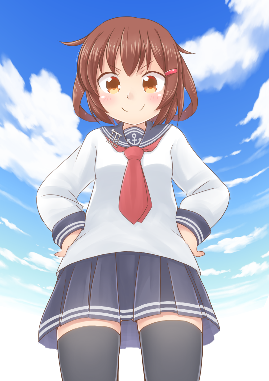 1girl, anchor_symbol, black_legwear, blue_skirt, blue_sky, brown_eyes, brown_hair, clouds, cloudy_sky, cowboy_shot, hair_ornament, hairclip, hands_on_hips, highres, ikazuchi_(kantai_collection), kantai_collection, kasumisometsuki, long_sleeves, looking_at_viewer, neckerchief, pleated_skirt, sailor_collar, school_uniform, serafuku, short_hair, skirt, sky, smile, solo, thigh-highs