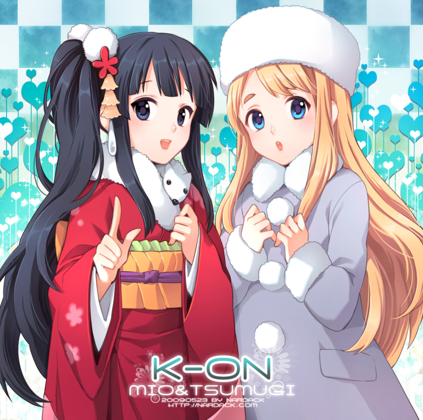 akiyama_mio, black_hair, blonde_hair, blue_eyes, coat, fur_hat, hair_ornament, hat