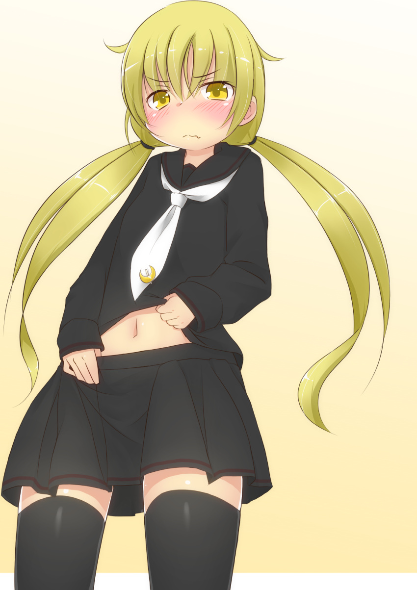 1girl, black_legwear, black_serafuku, black_skirt, blonde_hair, blush, cowboy_shot, crescent