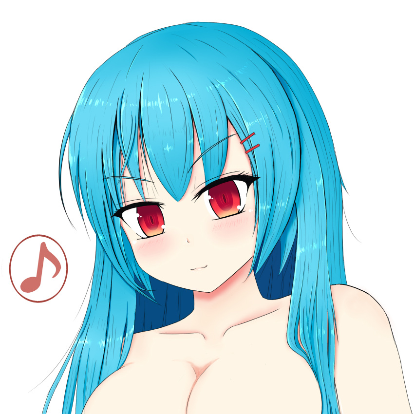 >:3, 1girl, :3, bangs, bare_shoulders, blue_hair, blush, breasts, cleavage, collarbone, damao_yu, hair_ornament, hairclip, highres, hinanawi_tenshi, long_hair, looking_at_viewer, musical_note, nude, red_eyes, smug, solo, spoken_musical_note, touhou, tsurime, upper_body