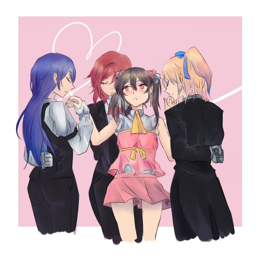 4girls, arms_behind_back, ayase_eli, black_hair, blonde_hair, blue_hair, blush, gloves, holding_hands, love_live!_school_idol_project, multiple_girls, nishikino_maki, noel_(pixiv5459099), redhead, soldier_game, sonoda_umi, suit_jacket, tuxedo, yazawa_nico