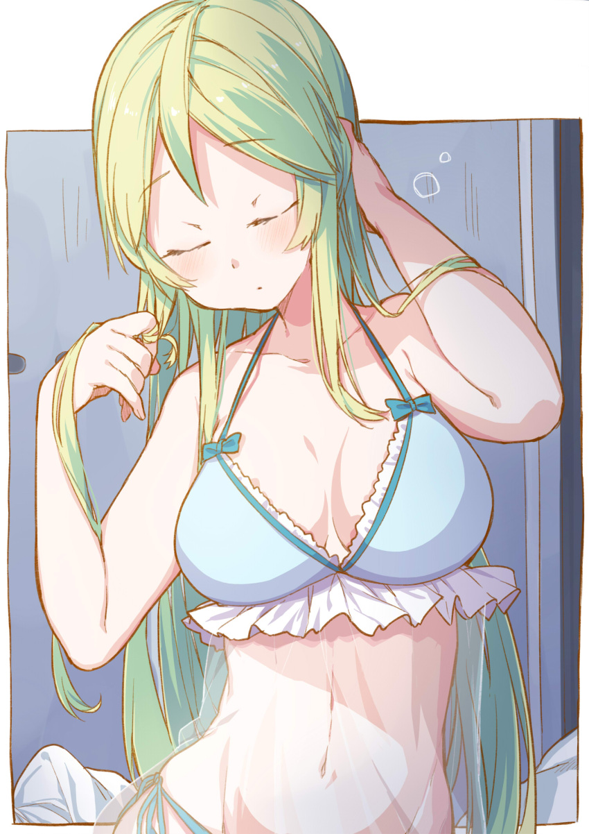1girl, adjusting_hair, athena_(luck_&amp;_logic), bikini, closed_eyes, frilled_bikini, frills, green_hair