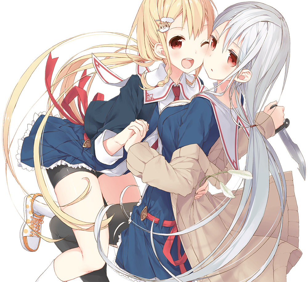 2girls, :o, ;d, bike_shorts, black_legwear, blonde_hair, blush, cardigan