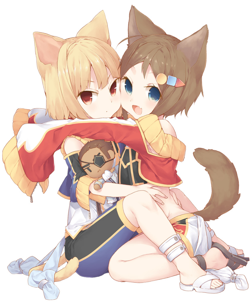 >:o, 2girls, :d, :o, animal_ears, bare_shoulders, bike_shorts, blonde_hair