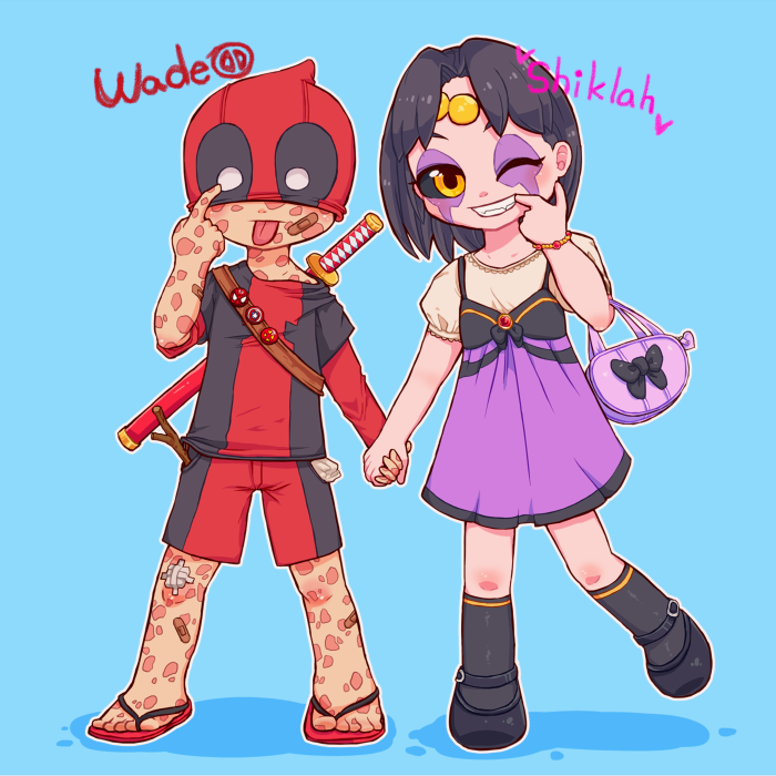 1boy, 1girl, awabuta, bag, bandages, bandaid, black_hair, black_sclera