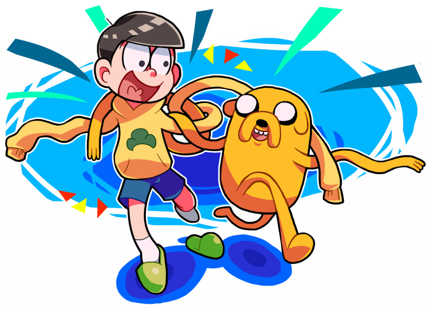 2boys, adventure_time, awabuta, black_hair, color_connection, crossover, full_body, jake