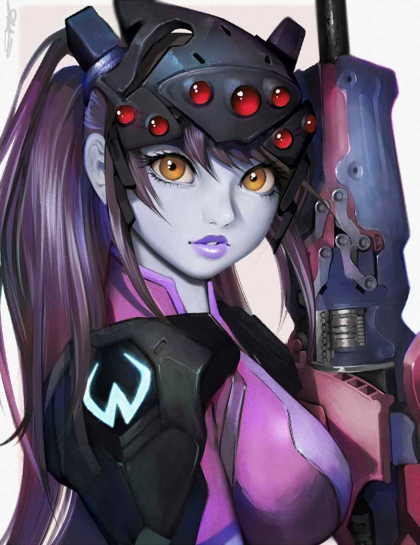 1girl, bangs, bodysuit, breasts, center_opening, eyelashes, gun, head_mounted_display