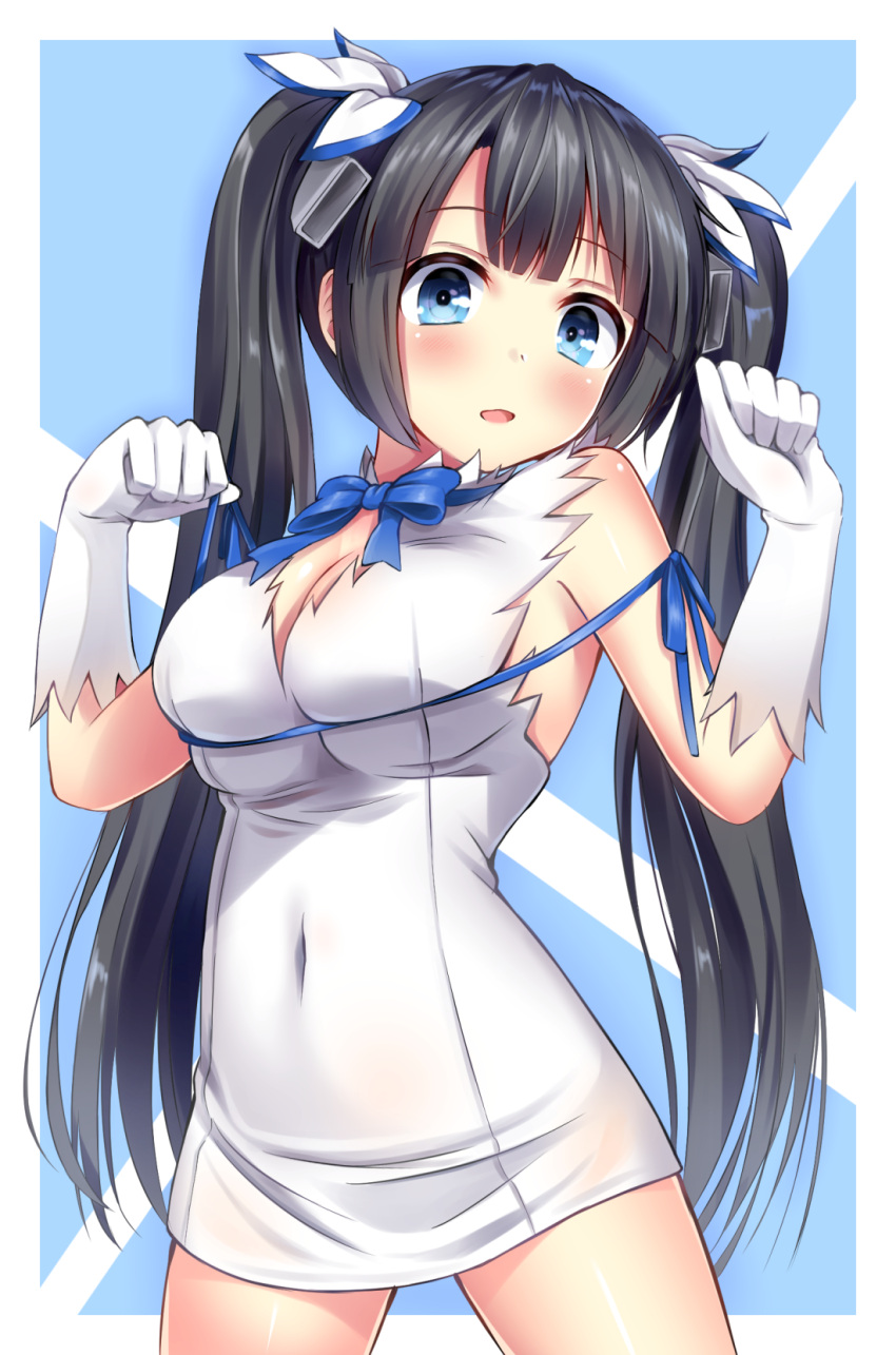 1girl, black_hair, blue_eyes, blush, breasts, cleavage, covered_navel, dungeon_ni_deai_wo_motomeru_no_wa_machigatteiru_darou_ka, gloves, hair_ribbon, hestia_(danmachi), highres, long_hair, looking_at_viewer, rei_no_himo, ribbon, solo, superpig_(wlstjqdla), twintails, white_gloves