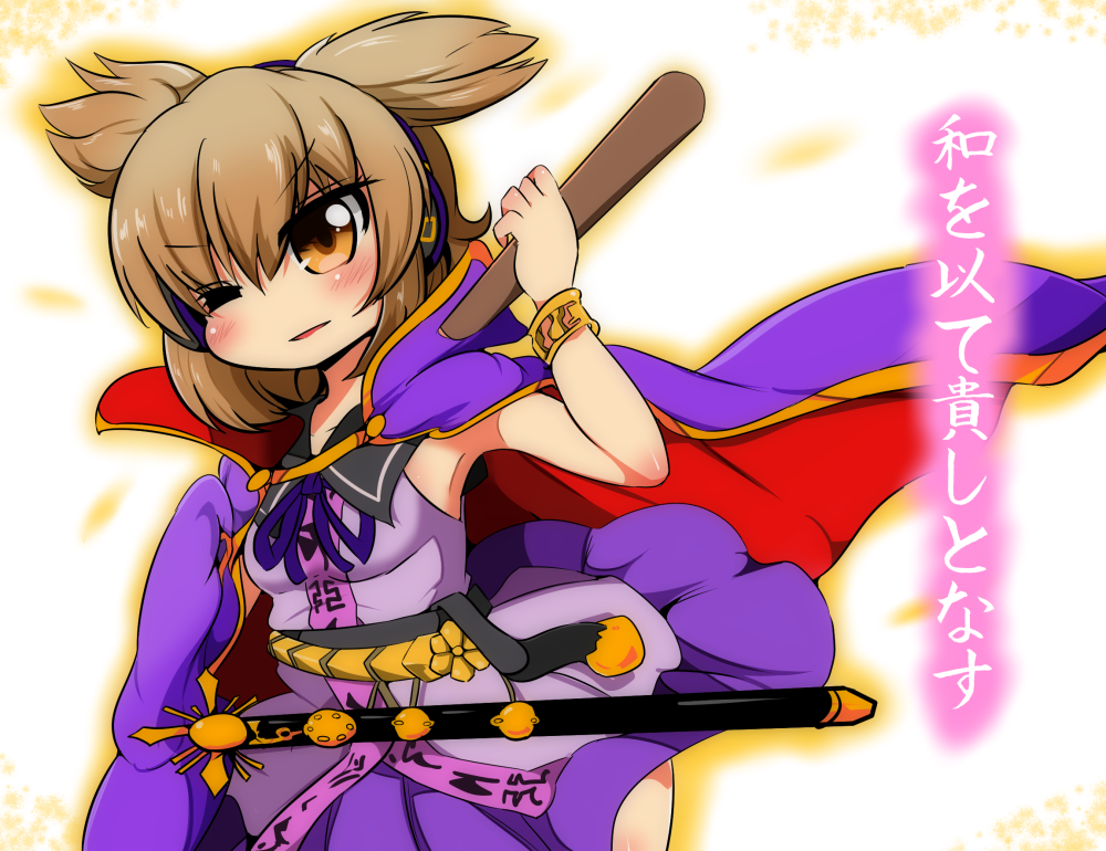 1girl, brown_eyes, brown_hair, cape, headphones, motsu_(selshia12), one_eye_closed, rod_of_remorse