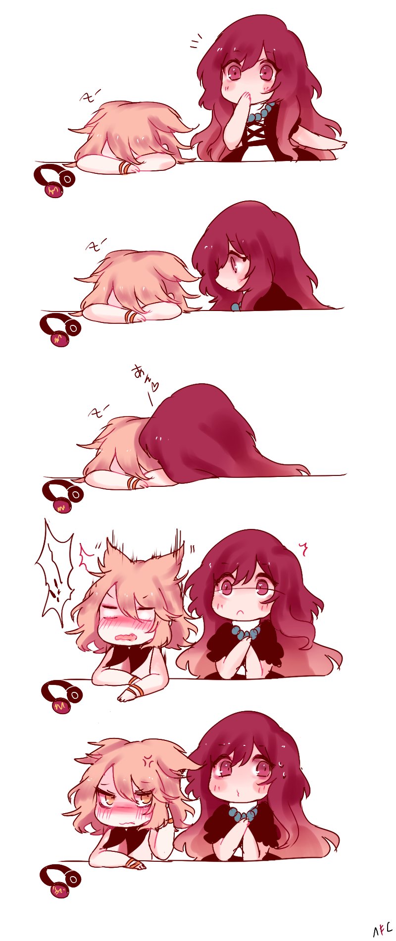 2girls, anger_vein, blush, bracelet, brown_hair, dress, earmuffs, earmuffs_removed, gradient_hair, highres, hijiri_byakuren, jewelry, light_brown_hair, long_hair, multicolored_hair, multiple_girls, puffy_sleeves, purple_hair, short_hair, short_sleeves, simple_background, sitting, sleeping, sleeveless, tis_(shan0x0shan), touhou, toyosatomimi_no_miko, violet_eyes, whistling, white_background, yellow_eyes