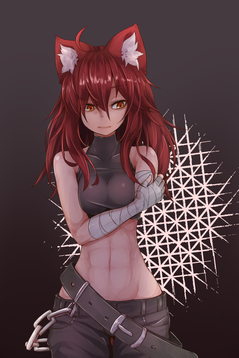 1girl, abs, amputee, animal_ears, bandaged_arm, bandages, bare_shoulders, belt