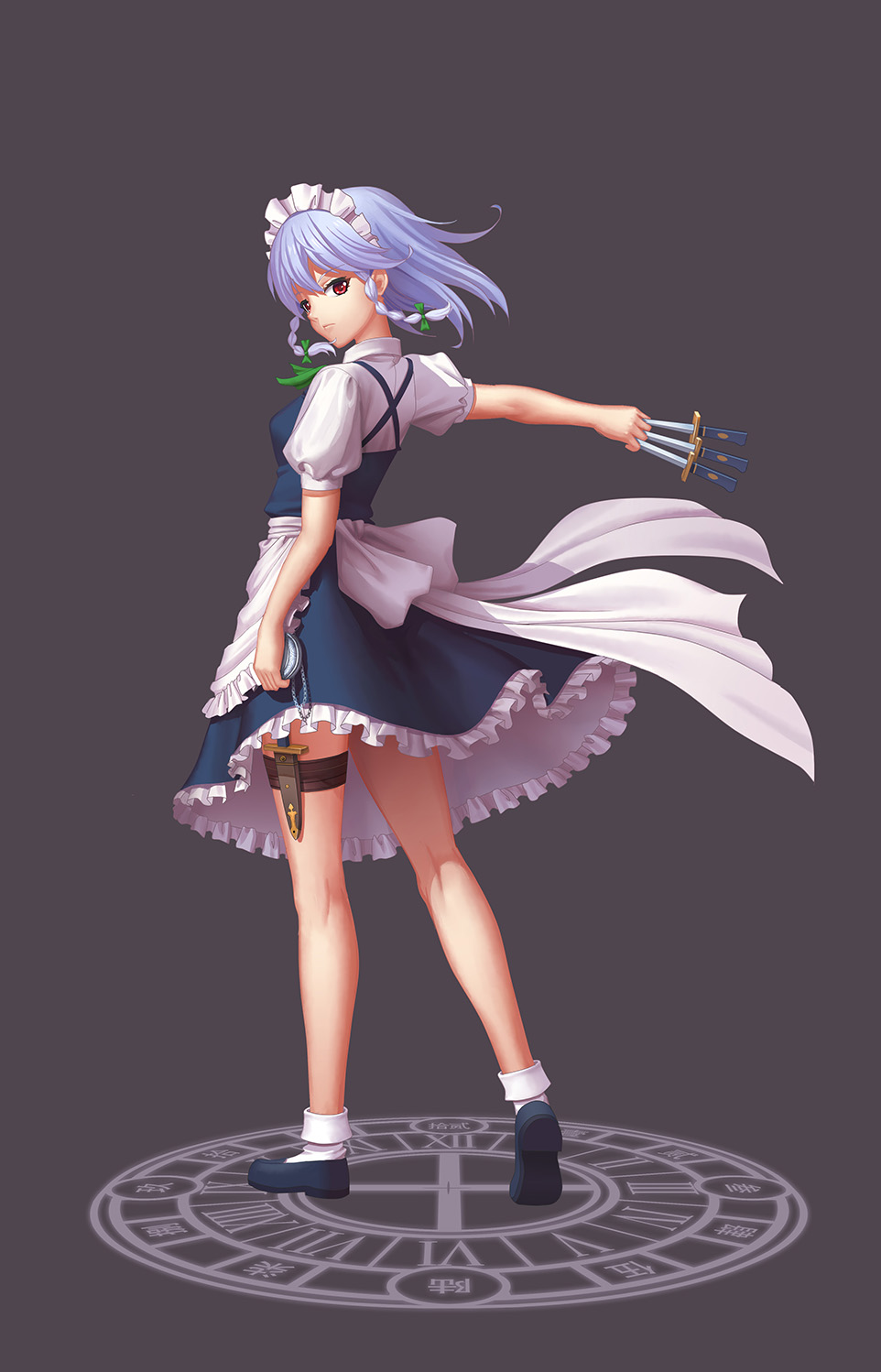 1girl, :<, apron, arm_at_side, back, bangs, between_fingers, blue_dress