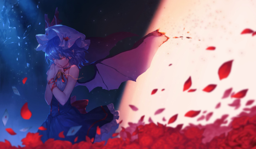 1girl, alternate_costume, backlighting, bangs, bare_shoulders, bat_wings, black_hair, blood