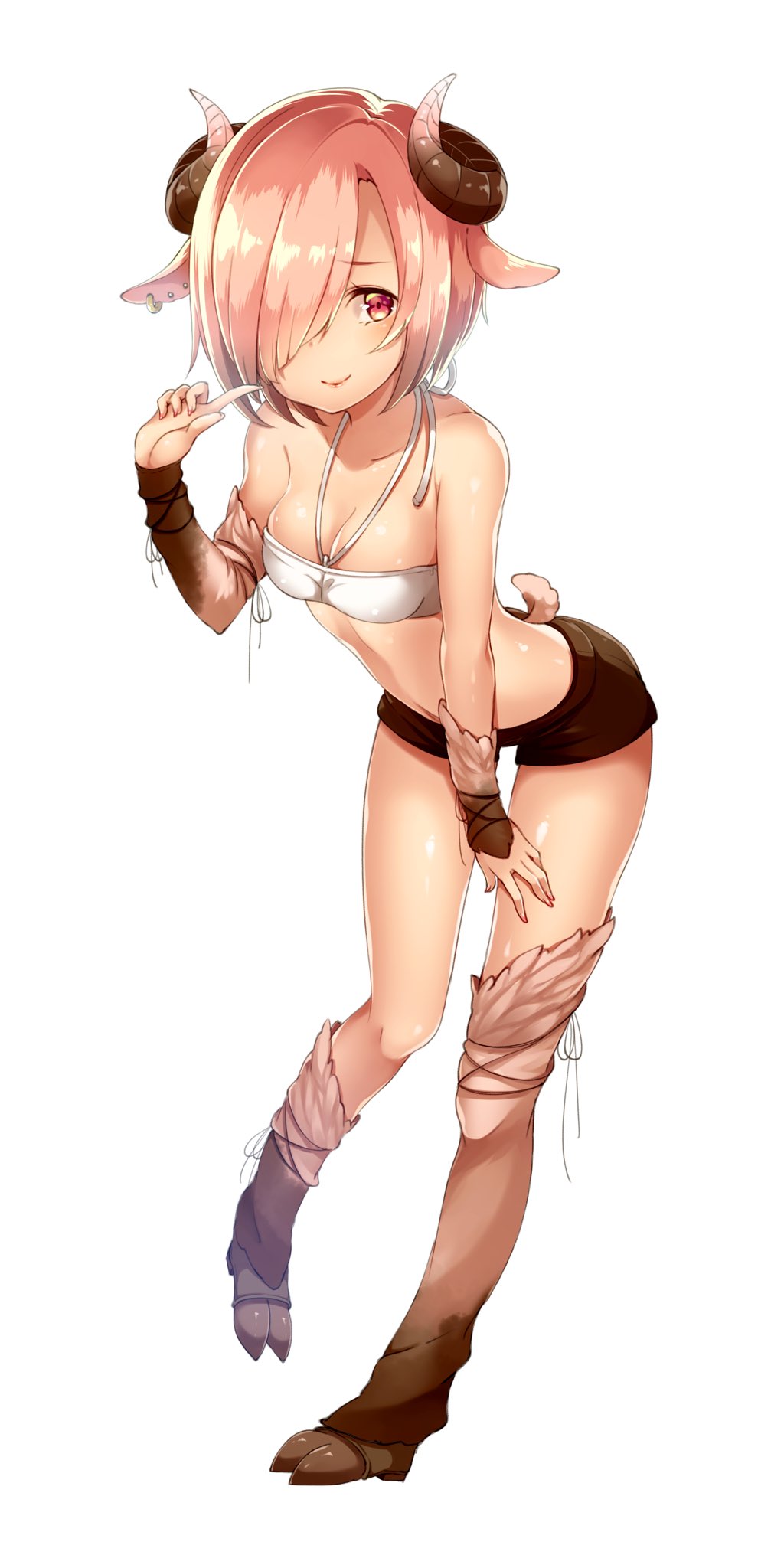 1girl, animal_ears, arm_warmers, asymmetrical_legwear, bare_shoulders, black_ribbon, character_request, collarbone, copyright_request, full_body, hair_over_one_eye, halter_top, halterneck, highres, horns, jewelry, leaning_forward, looking_at_viewer, mootor, pink_eyes, pink_hair, ribbon, sheep_ears, sheep_girl, sheep_horns, sheep_tail, short_shorts, shorts, simple_background, single_earring, smile, solo, strapless, tubetop, white_background