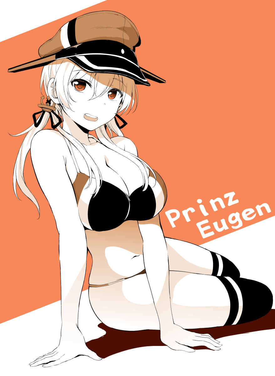 1girl, anchor_hair_ornament, arm_support, bare_shoulders, bra, breasts, character_name, cleavage