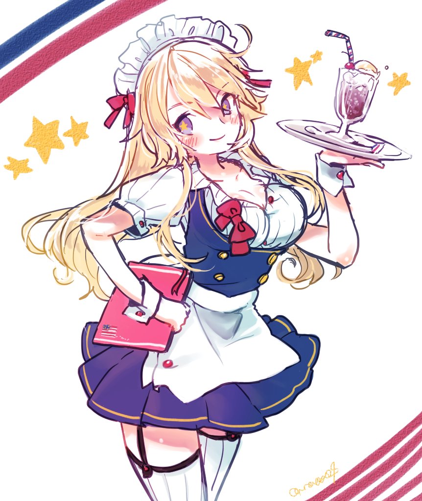 1girl, alternate_costume, blonde_hair, blue_eyes, drink, iowa_(kantai_collection), kantai_collection, long_hair