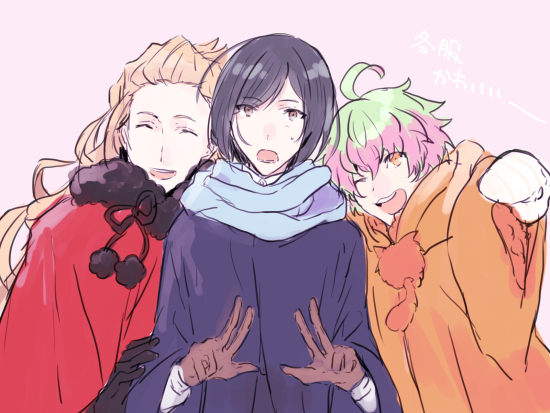 3boys, ;), ahoge, bangs, black_hair, blonde_hair, closed_eyes, coat