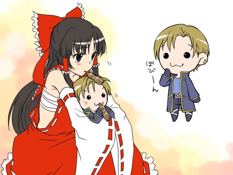 bad_id, bare_shoulders, black_hair, blonde_hair, chibi, coat, crossover, detached_sleeves