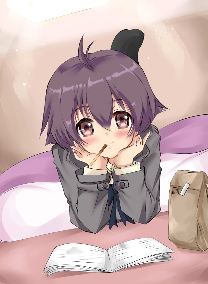 1girl, ahoge, alternate_costume, bag, blazer, blush, book, head_rest