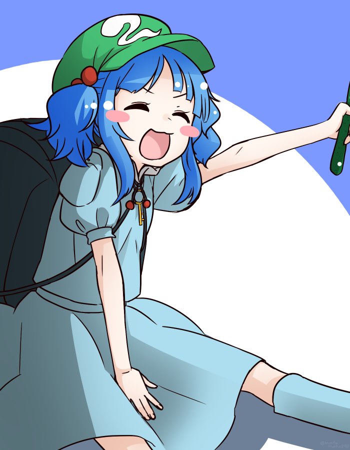 1girl, :d, backpack, bag, blue_boots, blue_hair, blush, blush_stickers