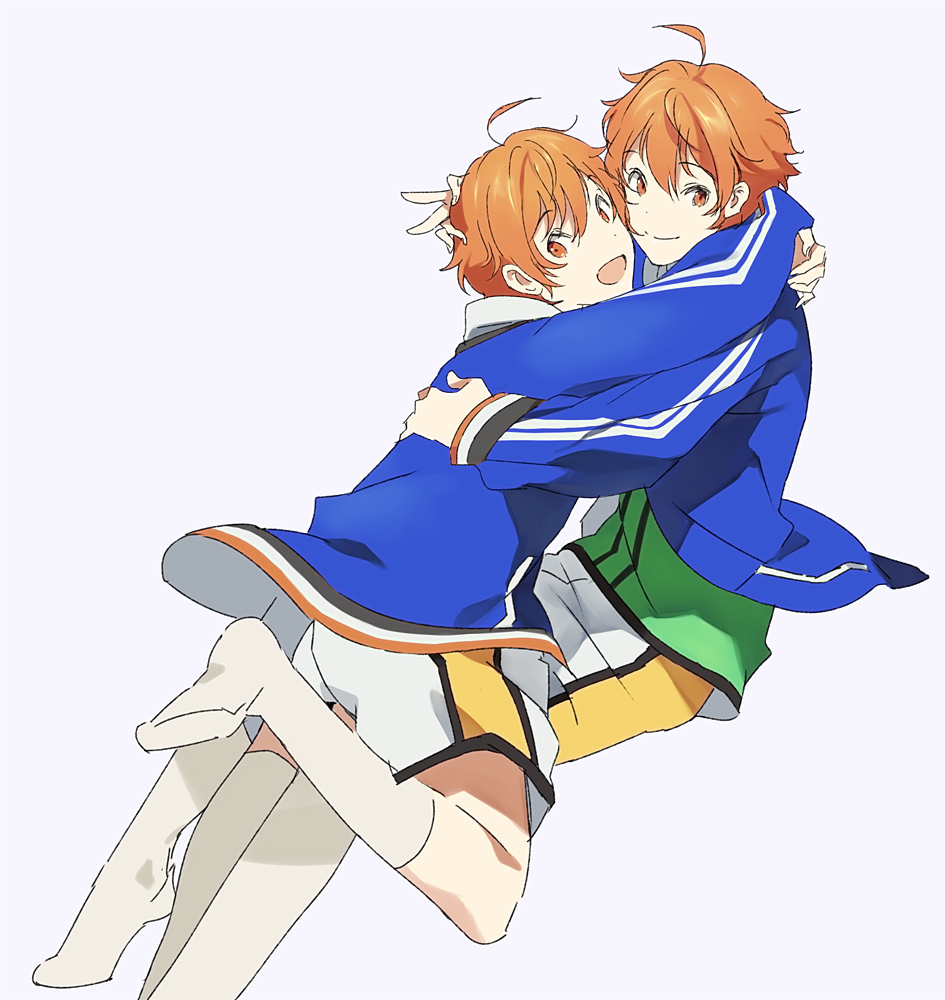 2boys, ahoge, aoi_kyosuke, aoi_yusuke, brothers, hug, idolmaster, idolmaster_side-m, looking_at_viewer, male_focus, multiple_boys, orange_eyes, orange_hair, siblings, smile, twins, w_(idolmaster)